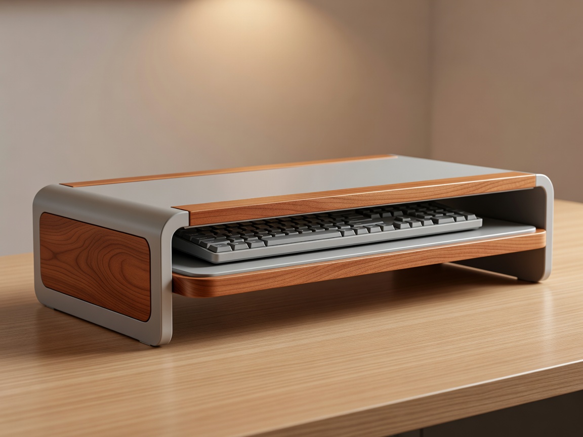 Dual monitor riser shelf with dedicated under-shelf keyboard storage slot and warm wood accents