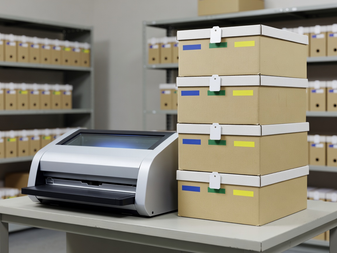 Flatbed optical document scanner paired with labeled physical storage archive boxes