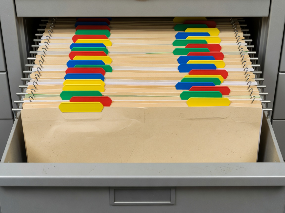 Lateral suspension hanging file folders with colored index tabs inside metal drawers