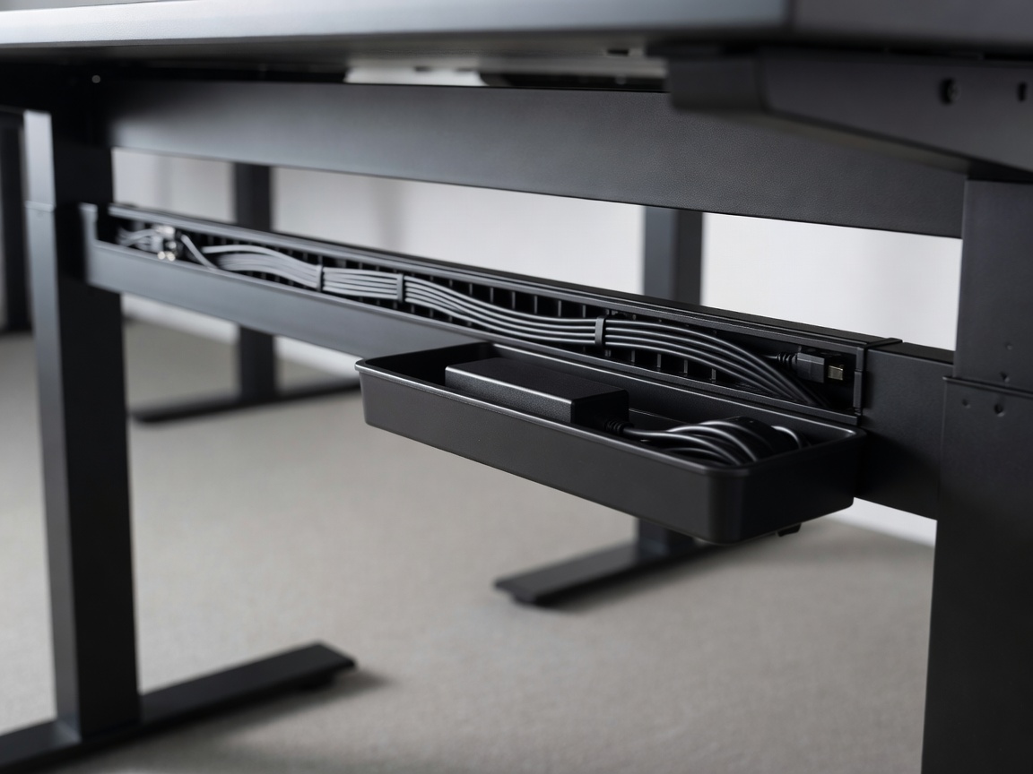 Organized desk wire raceway and power brick tray under a sit-stand desk
