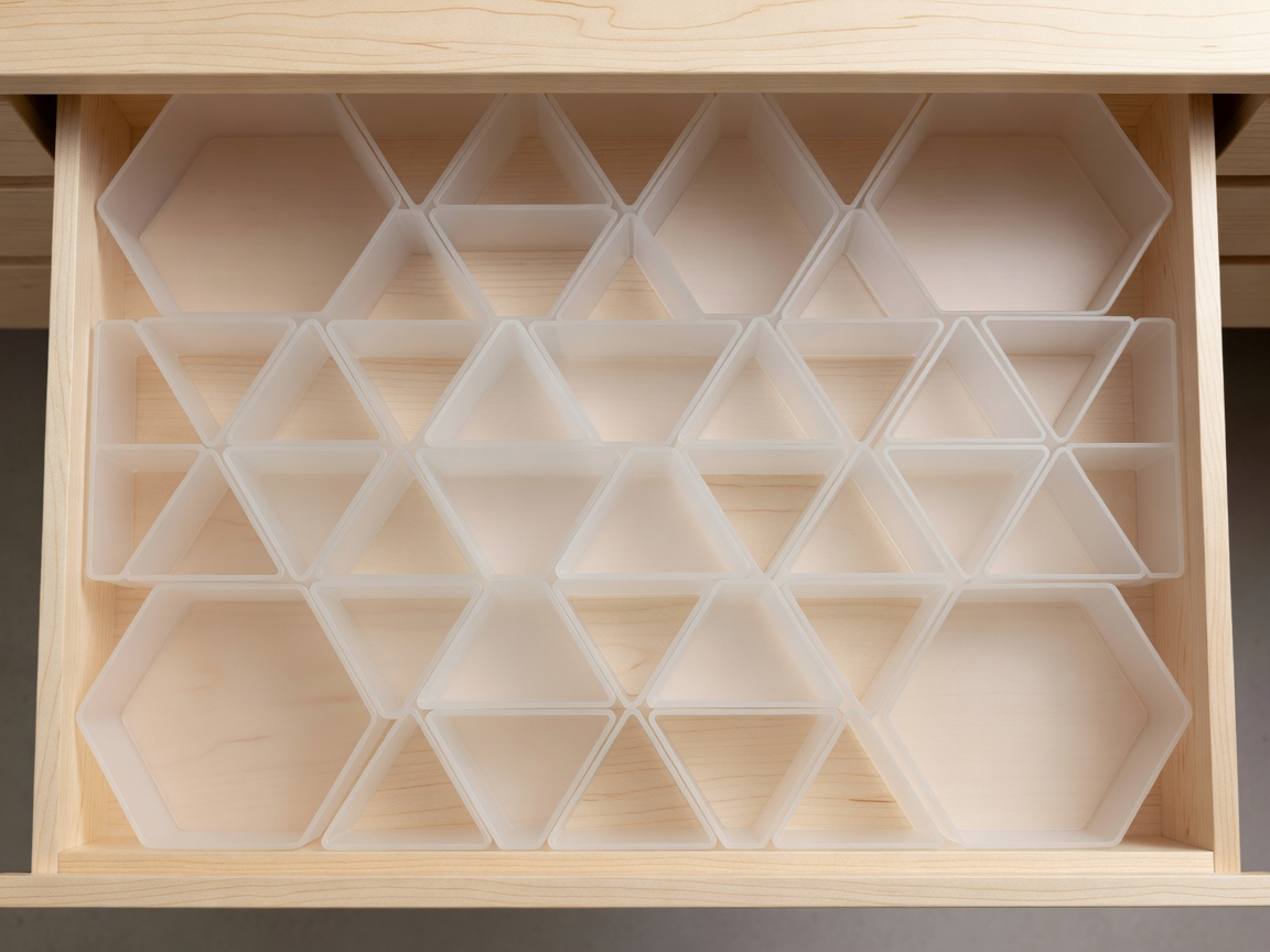 Overhead perspective of a partitioned shallow desk drawer with interlocked geometric organizer bins